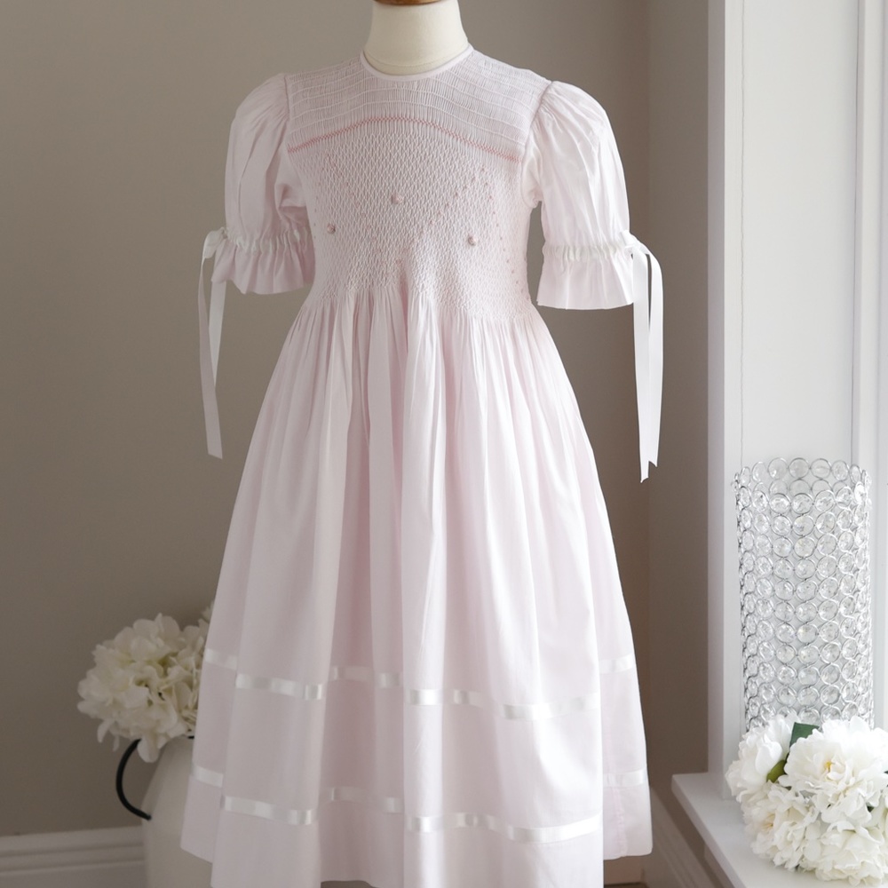 Strasburg Dress Heirloom Pink Smocked White Ribbon Size 7 Special Occasion